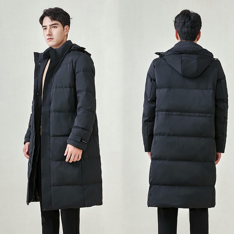 HT010-006 Unisex black business‑leisure cold‑proof waterproof anti‑static below‑knee extra‑long style with detachable hood and adjustable waist drawstring 90% white duck down jacket