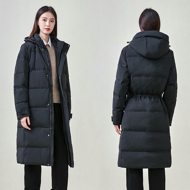 HT010-006 Unisex black business‑leisure cold‑proof waterproof anti‑static below‑knee extra‑long style with detachable hood and adjustable waist drawstring 90% white duck down jacket
