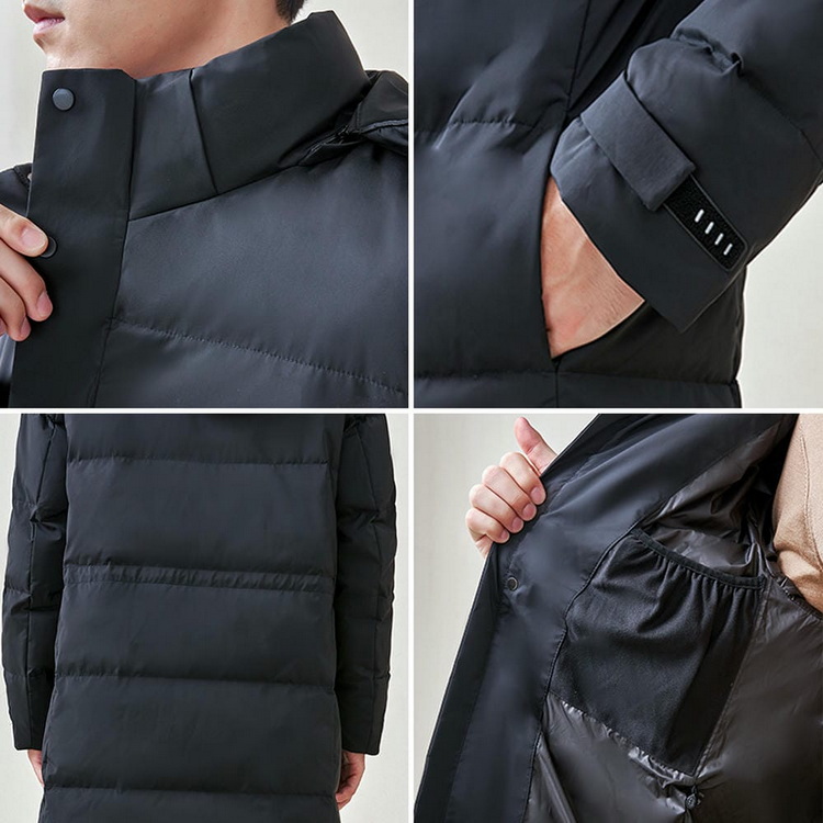 HT010-006 Unisex black business‑leisure cold‑proof waterproof anti‑static below‑knee extra‑long style with detachable hood and adjustable waist drawstring 90% white duck down jacket