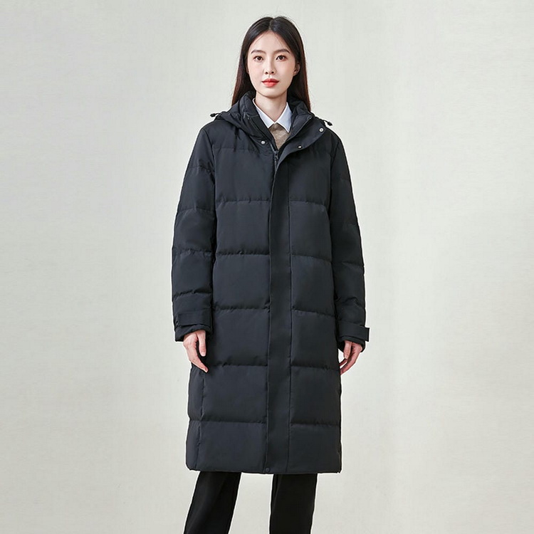 HT010-006 Unisex black business‑leisure cold‑proof waterproof anti‑static below‑knee extra‑long style with detachable hood and adjustable waist drawstring 90% white duck down jacket