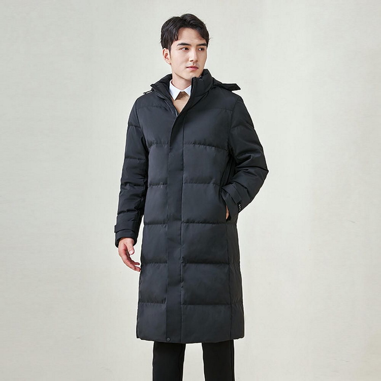 HT010-006 Unisex black business‑leisure cold‑proof waterproof anti‑static below‑knee extra‑long style with detachable hood and adjustable waist drawstring 90% white duck down jacket
